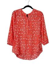 NYDJ Heart Prrinted Half Placket 3/4 Sleeve Blouse Size XS