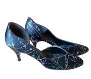 De  Vintage 80’s Womens 7B black Satin Neon Paint Splatter Pointed Toe Heels