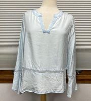 M // Fourteenth Place Light Blue Chambray and Lace Bell Sleeve Top