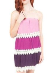 Miin Amethyst Ombré Tiered Crochet Lace Chiffon Strapless Dress S