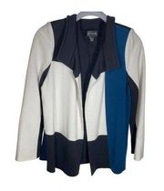 St John Color Block Wool Blend Open Cardigan Knit Sweater Black Cream Blue Sz 10