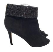 Kate Spade Bates Suede Glitter Cuff Peep Toe Ankle Booties Black Gold Size 8.5B