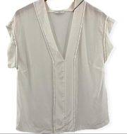 Sandro white silk blouse contrast trim large