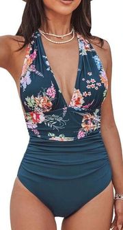 NWT CUPSHE V Neck One Piece Swimsuit Halter Backless navy floral size XL