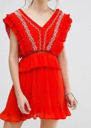 Moon River Red/Orange Open Back Embroidered Ruffle Sleeveless Accordion Dress XS