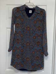 CAbi 3295 Blue & Brown Long Sleeve Provincial Floral Tunic Dress
