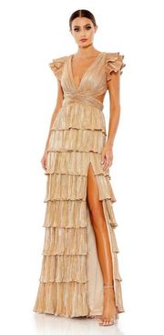 Gown Ruffle Tiered Criss-Cross Lace-Up Slit Metallic Maxi Gold 8 GUC