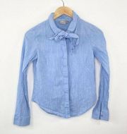 ASOS Blue Tie Neck Button Down Long Sleeve Cotton Top Women's Size 2