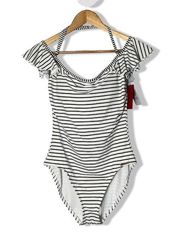 Vince Camuto women's white and black striped ruffle shoulder one piece swimsuit