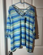 New Fred FD David Plus Size 3X Top Blouse Shirt Womens  Strappy V Neck Striped