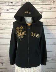 Y2K BCBGmaxazria black hoodie with Rhinestone,s gold cross & wings size large