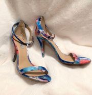 WOMENS 9 1/2 BLUE RED PURPLE FABRIC OPEN TOE ANKLE BUCKLE STILETTO SHOES