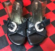 White Mountain Black Wedge Buckle Sandals Size 9