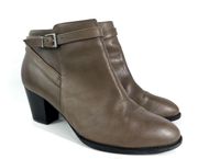 Upright Upton Leather Block Heel Taupe Brown Buckle Strap Ankle Bootie