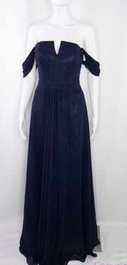 NEW AQUA Off-the-shoulder center notch Chiffon Gown In Navy, size 2