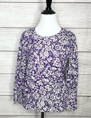 Laura Scott Purple & White Floral Long Sleeve T-Shirt Top Size Small Petite