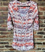 Black Swan Multicolored Print 3/4 Sleeve Mini Tassel Tie Dress Womens Size Large