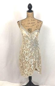 Terani Couture Sunburst Rhinestone & Lace Gold Cream Tan Cocktail Pageant Dress