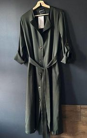 Bloomchic Solid Cuffed Sleeve Belted Pocket Button Up Coat Army Green NEW 14