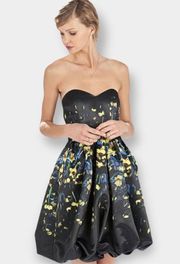 Parker Remi Black & Yellow Floral Satin Strapless Fit N Flare Cocktail Dress 2