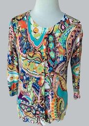 JOSEPH A. LADIES COLORFUL CREW BUTTON UP BEADED CARDIGAN SWEATER EUC SMALL