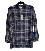 Max Studio Womens Flannel Shirt Size Small 3/4 Roll Up Sleeve Blue Plaid
