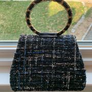 Mini Tweed Blue Black White Fabric Gold Chain Link Shoulder Handbag