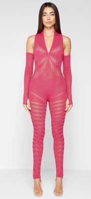 NEVER WORN MANIERE DEVOIR KNITTED CONTOUR JUMPSUIT WITH SLEEVES - PINK 