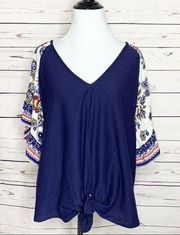 Blue Boho Front Tie Ruffled Bell Sleeve Casual Top Size XL