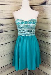 Strapless Teal Printed Dress Small