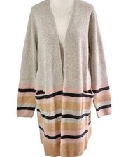 Striped Open Front Long Cardigan Grey Brown Pink Size Medium