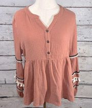 POLAGRAM Bell Sleeve Blouse 100% Cotton w Embroidered/Tassel Trim Dusty Pink-L