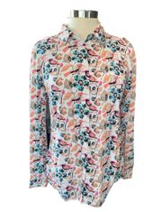 Talbots blouse button down long sleeve w/buttons for roll up bird & floral Sz Sm