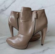 HERVE LEGER Tan Leather Rose Gold Metal Heels Ankle Boots Size 9