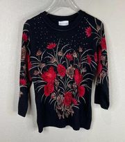 Rebecca Malone Womens Sweater Size Small Black Red Floral 3/4 Sleeve Embellished