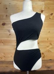 Garage Women's Size Large Black Ribbed Cut Out One Shoulder Sleeveless Bodysuit