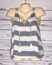 Prince & Fox NWT Size M Blue & White Striped Lace-Up Tassel Tie Tank Top Blouse