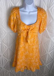 | Orange Mini Dress With Small White Flowers Puff Sleeves