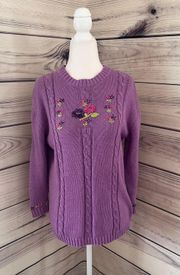 Vintage Northern Getaway Purple Floral Embroidered Cable Knit Sweater