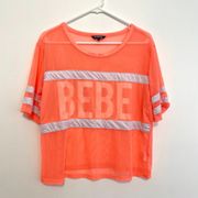 BEBE SPORT All Mesh Crop Top Neon Coral Pink Orange Jersey Short Sleeve Tee M