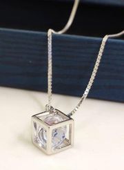 Sterling 925 Stamped Floating Diamond Box Chain Necklace 