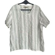 Linen Short Sleeve Top Size Large Striped White Blue Women's Blouse