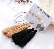 Set of 6 pair earrings, tassel, black, brown, dangle, hoop