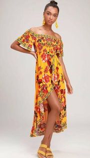 Danica Yellow Floral Print Smocked High-Low Maxi Dress