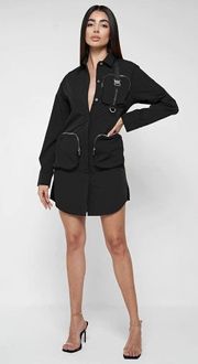 Black Cargo Pocket Oversized Shirt Dress