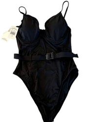 NWT Good American Wire Cup Belted One Piece Swimsuit in Black - Size 4 (XL)