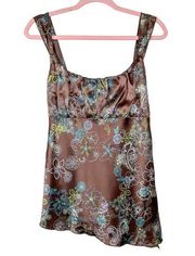 Y2K Brown Satin Cami Floral Pattern Tie Back