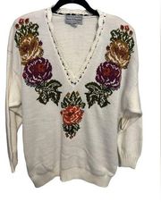 Norton mcnaughton vintage white floral embroidered sweater size large nwt