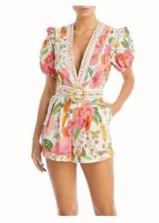 Farm Rio Macaw Bloom Colorful Vneck button front Cotton Ladies Romper NEW XS