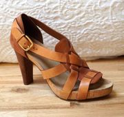 Cole Haan Jocelyn Nike Open Toe Block Heels Strappy Leather Sandals Brown Size 6